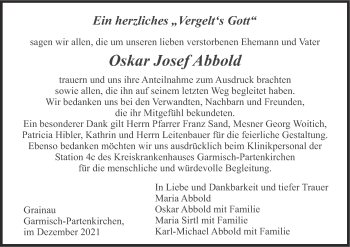 Traueranzeige von Oskar Josef Abbold von merkurtz