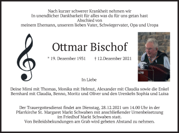 Traueranzeige von Ottmar Bischof von merkurtz