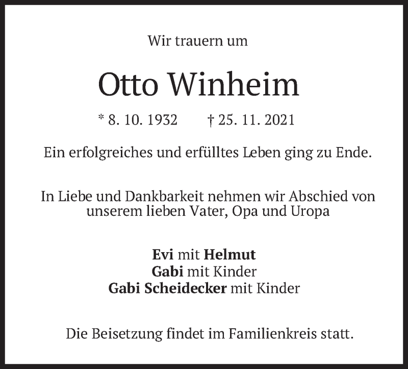  Traueranzeige für Otto Winheim vom 04.12.2021 aus merkurtz