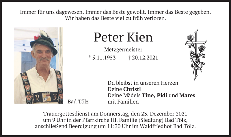  Traueranzeige für Peter Kien vom 22.12.2021 aus merkurtz