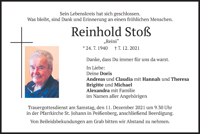  Traueranzeige für Reinhold Stoß vom 10.12.2021 aus merkurtz