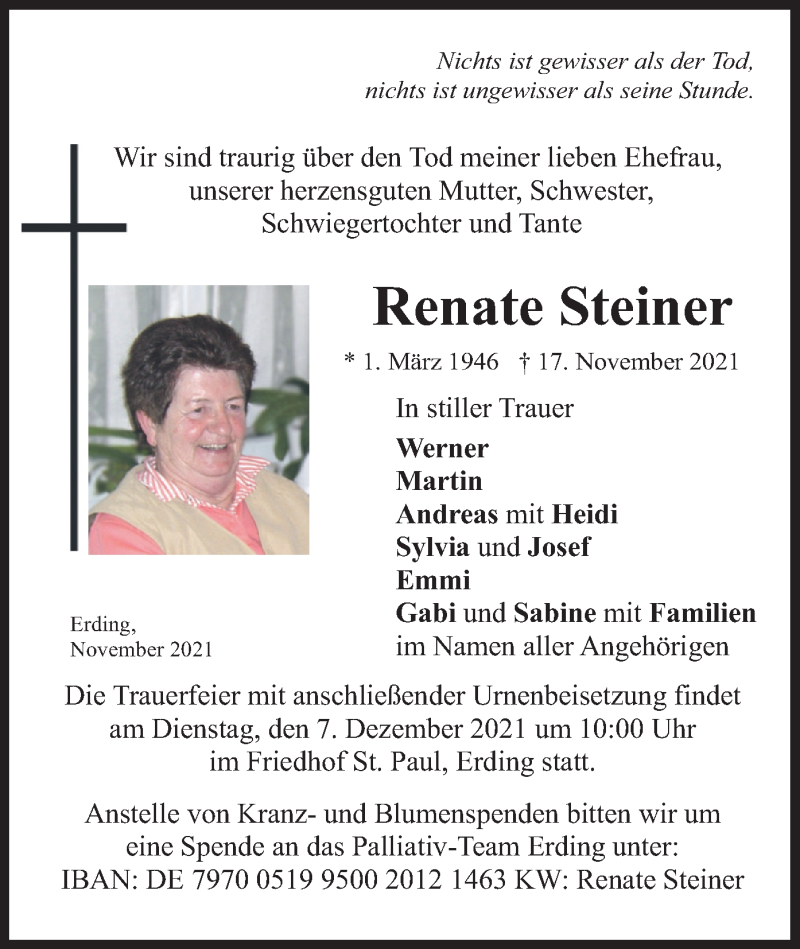  Traueranzeige für Renate Steiner vom 04.12.2021 aus merkurtz