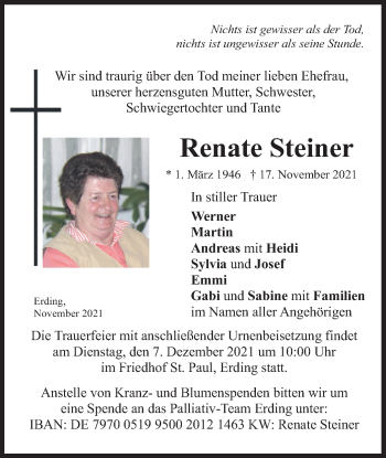 Traueranzeigen von Renate Steiner | trauer.merkur.de