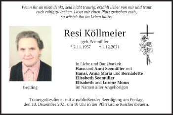 Traueranzeige von Resi Köllmeier von merkurtz