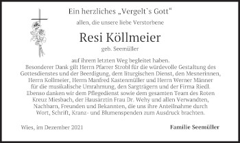 Traueranzeige von Resi Köllmeier von merkurtz