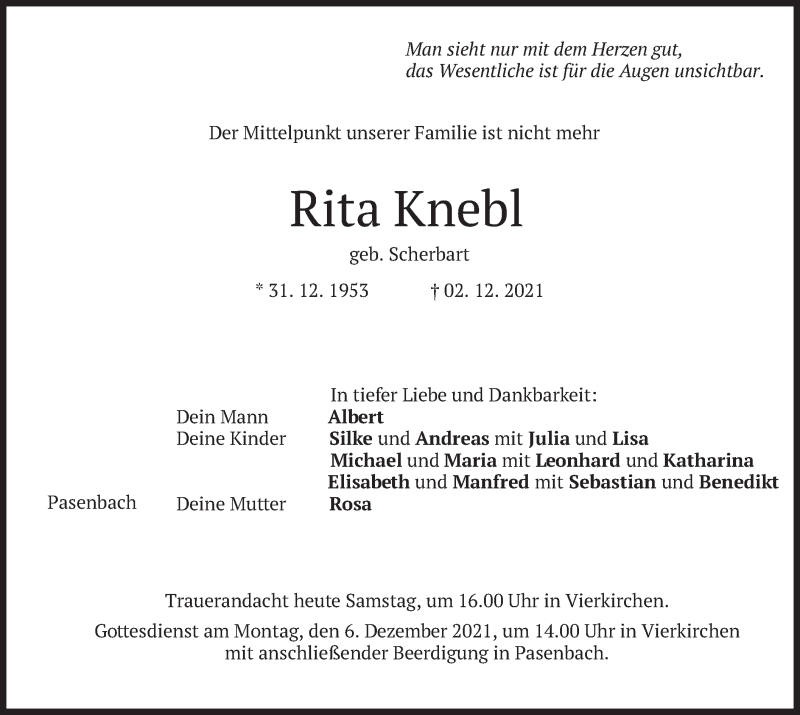  Traueranzeige für Rita Knebl vom 04.12.2021 aus merkurtz