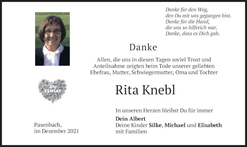  Traueranzeige für Rita Knebl vom 18.12.2021 aus merkurtz