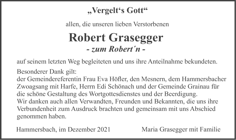  Traueranzeige für Robert Grasegger vom 04.12.2021 aus merkurtz