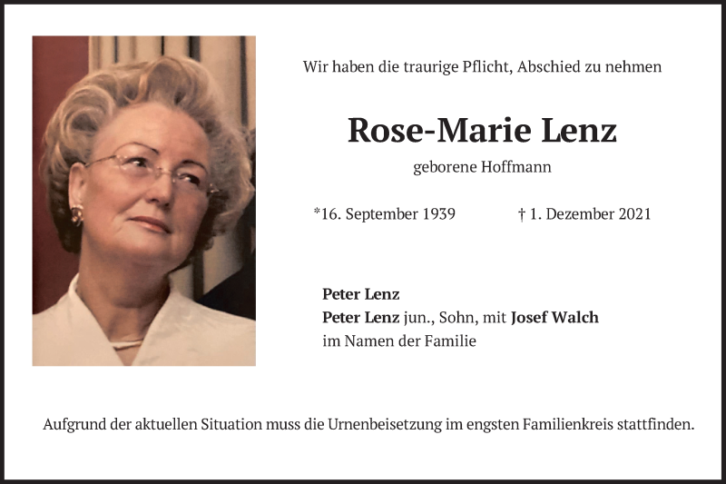  Traueranzeige für Rose-Marie Lenz vom 04.12.2021 aus merkurtz