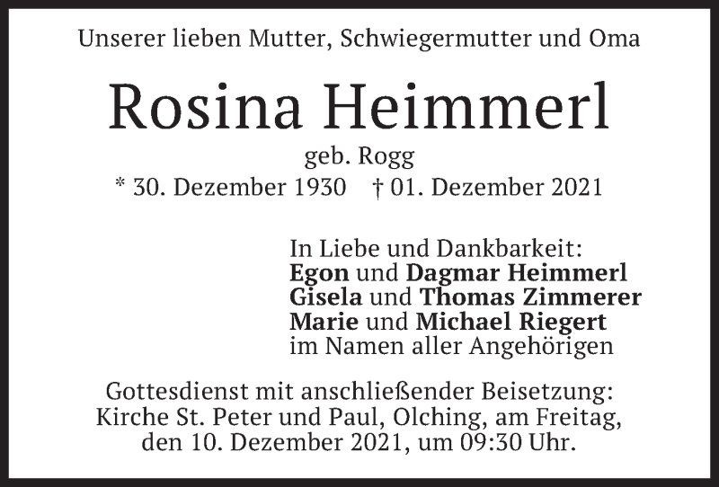  Traueranzeige für Rosina Heimmerl vom 09.12.2021 aus merkurtz
