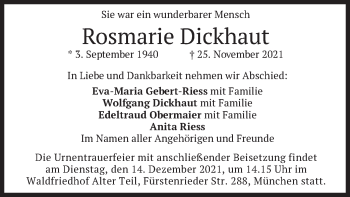 Traueranzeige von Rosmarie Dickhaut von merkurtz
