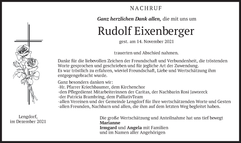  Traueranzeige für Rudolf Eixenberger vom 04.12.2021 aus merkurtz