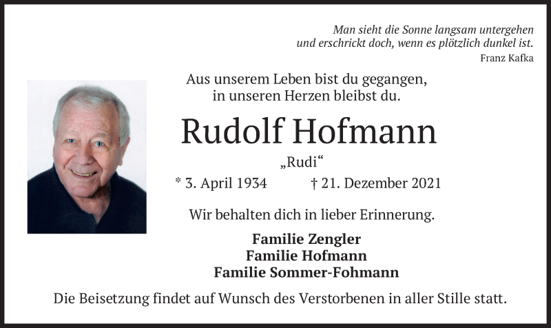  Traueranzeige für Rudolf Hofmann vom 31.12.2021 aus merkurtz