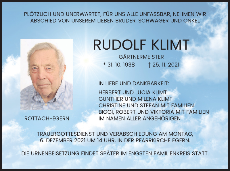  Traueranzeige für Rudolf Klimt vom 03.12.2021 aus merkurtz