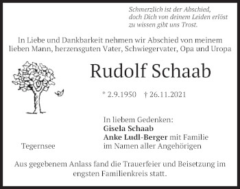 Traueranzeige von Rudolf Schaab von merkurtz