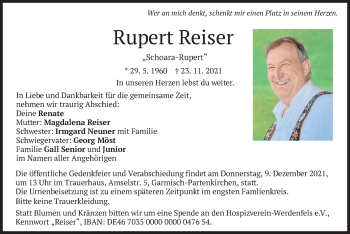 Traueranzeige von Rupert Reiser von merkurtz