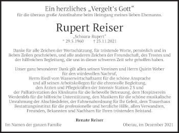 Traueranzeige von Rupert Reiser von merkurtz