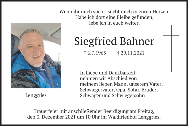  Traueranzeige für Siegfried Bahner vom 01.12.2021 aus merkurtz