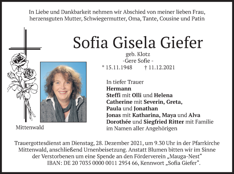  Traueranzeige für Sofia Gisela Giefer vom 24.12.2021 aus merkurtz