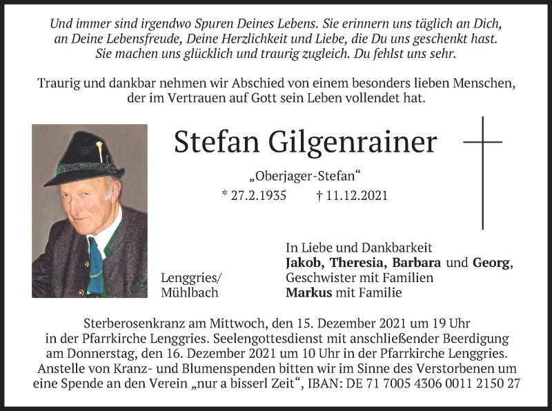  Traueranzeige für Stefan Gilgenrainer vom 14.12.2021 aus merkurtz
