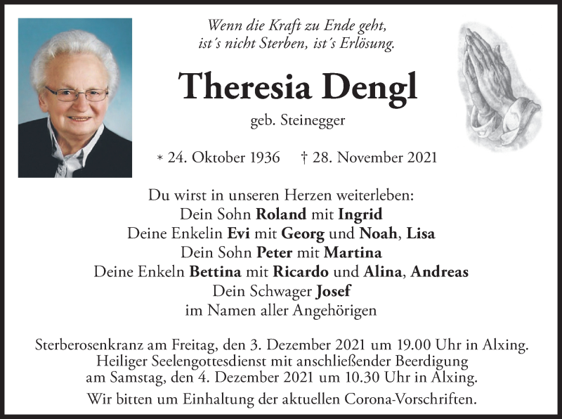  Traueranzeige für Theresia Dengl vom 02.12.2021 aus merkurtz