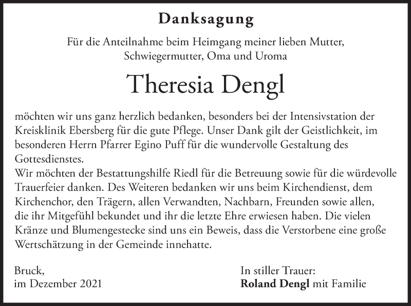  Traueranzeige für Theresia Dengl vom 08.12.2021 aus merkurtz
