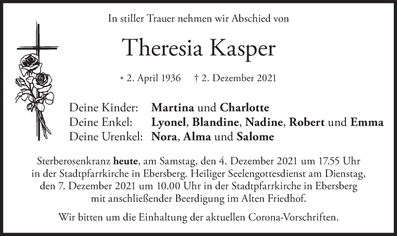  Traueranzeige für Theresia Kasper vom 04.12.2021 aus merkurtz