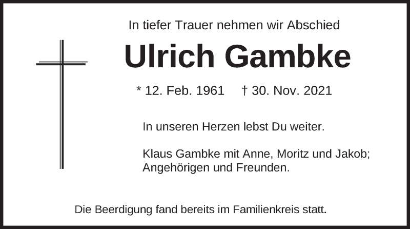  Traueranzeige für Ulrich Gambke vom 11.12.2021 aus merkurtz