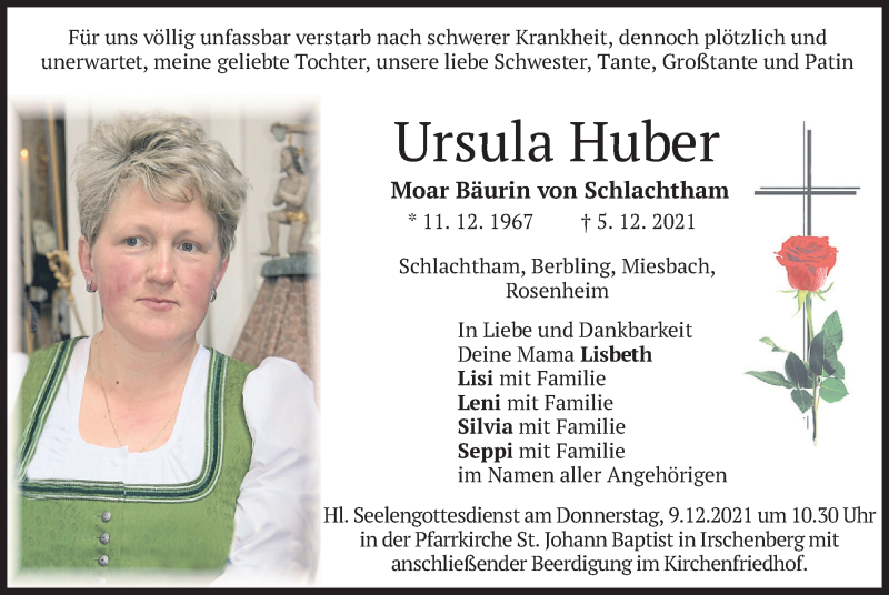  Traueranzeige für Ursula Huber vom 08.12.2021 aus merkurtz