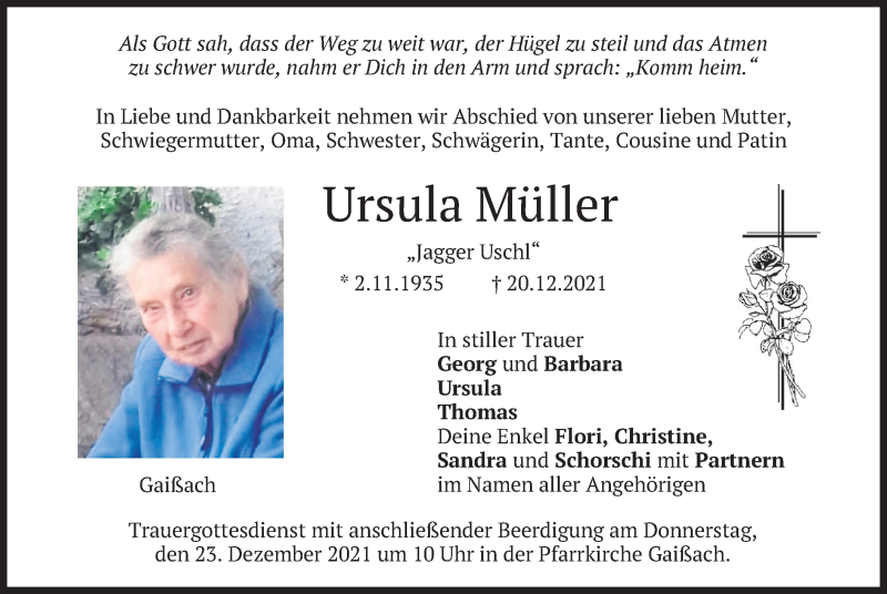  Traueranzeige für Ursula Müller vom 22.12.2021 aus merkurtz