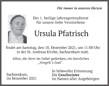 Traueranzeige von Ursula Pfatrisch von merkurtz