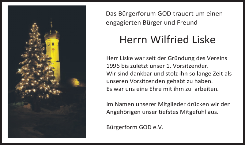  Traueranzeige für Wilfried Liske vom 20.12.2021 aus merkurtz