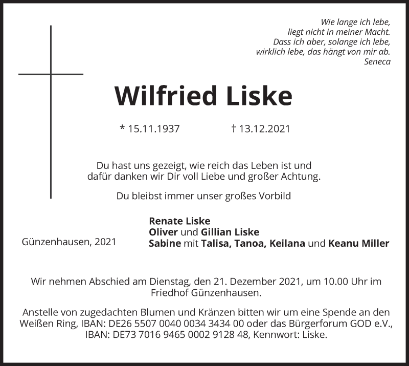  Traueranzeige für Wilfried Liske vom 20.12.2021 aus merkurtz