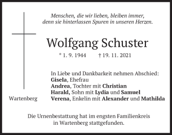 Traueranzeige von Wolfgang Schuster von merkurtz