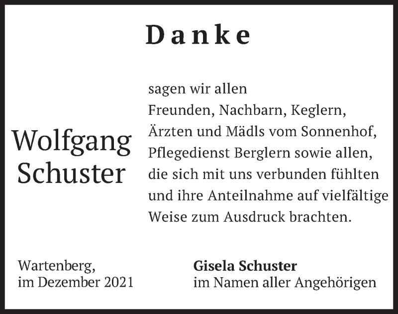  Traueranzeige für Wolfgang Schuster vom 11.12.2021 aus merkurtz