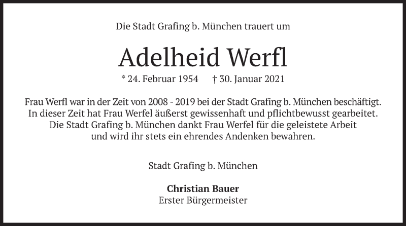  Traueranzeige für Adelheid Werfl vom 06.02.2021 aus merkurtz