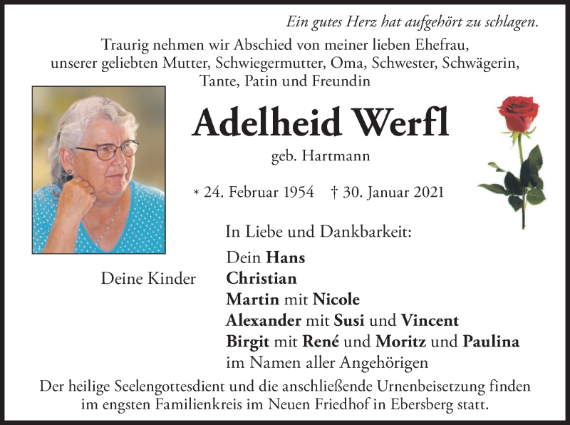  Traueranzeige für Adelheid Werfl vom 06.02.2021 aus merkurtz