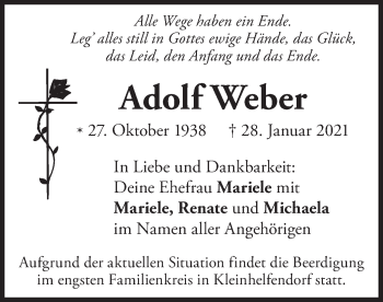 Traueranzeige von Adolf Weber