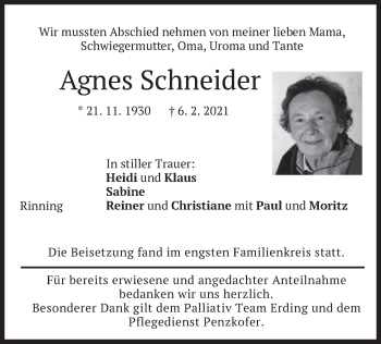 Traueranzeige von Agnes Schneider von merkurtz