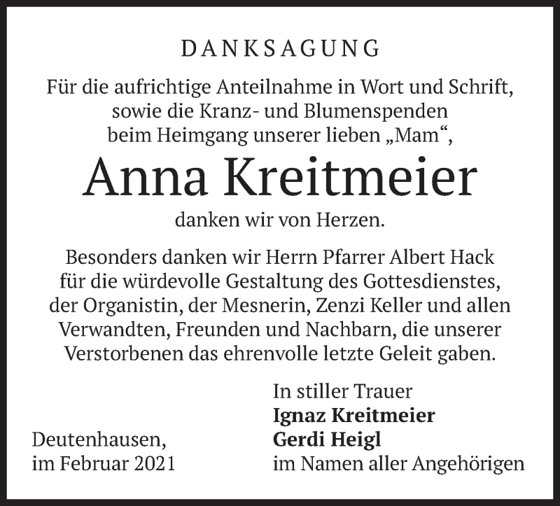  Traueranzeige für Anna Kreitmeier vom 12.02.2021 aus merkurtz