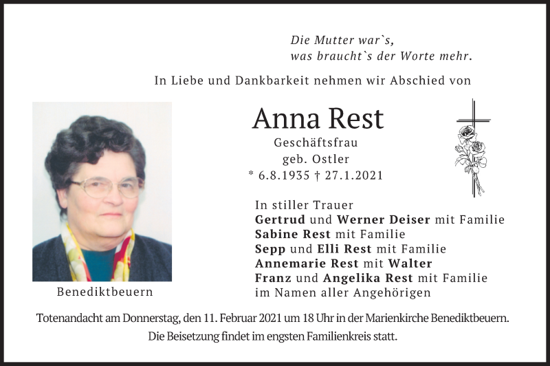  Traueranzeige für Anna Rest vom 09.02.2021 aus merkurtz