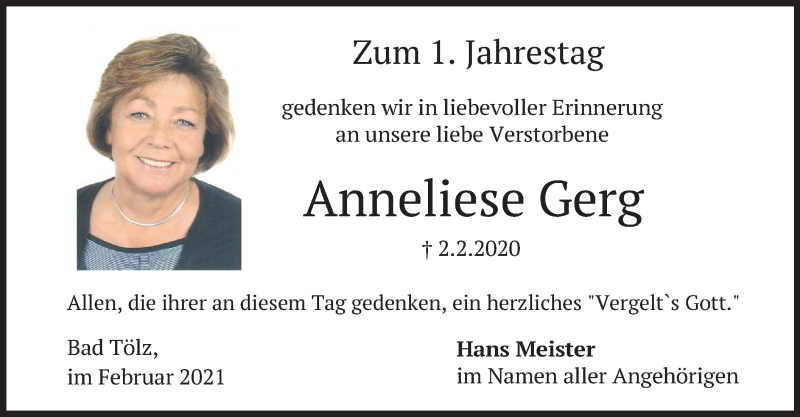  Traueranzeige für Anneliese Gerg vom 02.02.2021 aus merkurtz