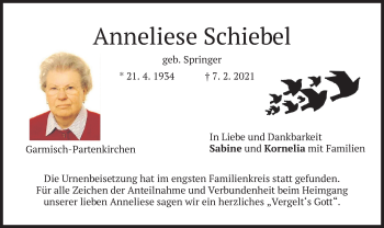 Traueranzeige von Anneliese Schiebel von merkurtz