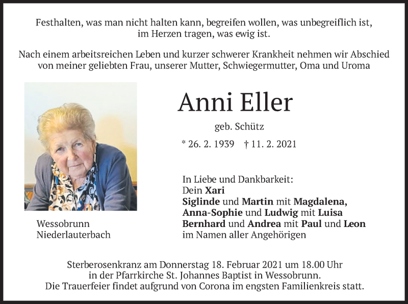  Traueranzeige für Anni Eller vom 16.02.2021 aus merkurtz