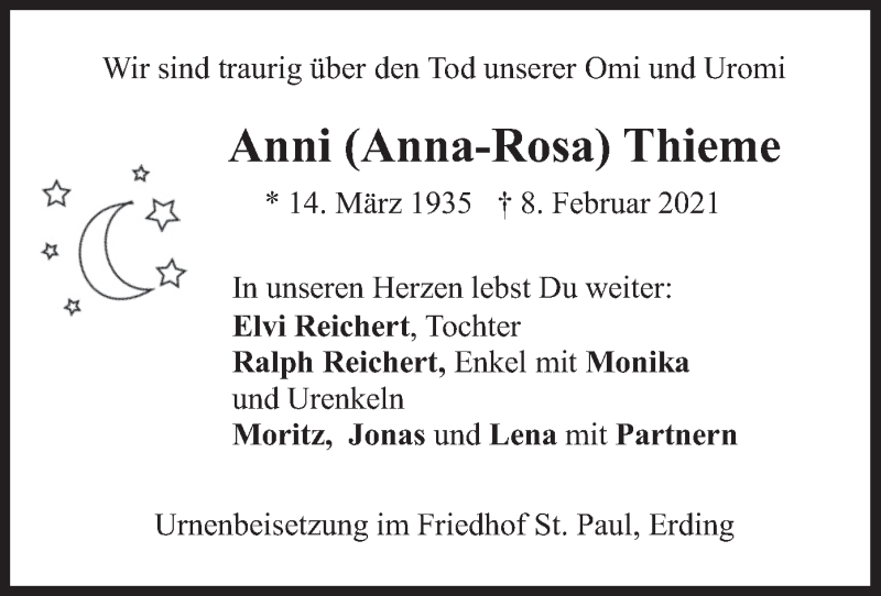  Traueranzeige für Anni Thieme vom 13.02.2021 aus merkurtz