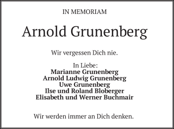 Traueranzeige von Arnold Grunenberg von merkurtz