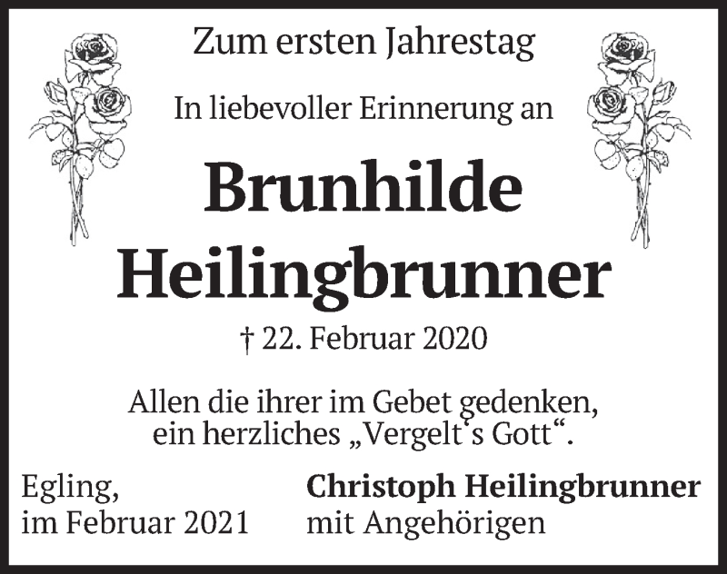  Traueranzeige für Brunhilde Heilingbrunner vom 22.02.2021 aus merkurtz