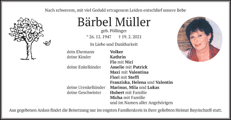  Traueranzeige für Bärbel Müller vom 27.02.2021 aus merkurtz