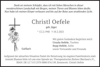Traueranzeige von Christl Oefele von merkurtz