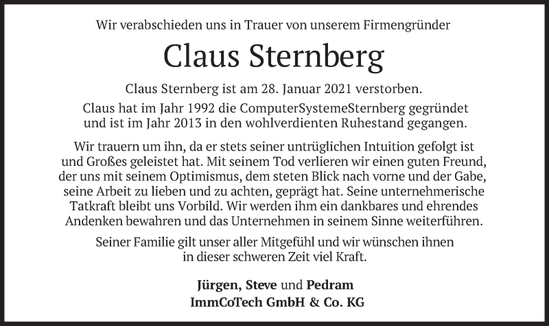 Traueranzeige für Claus Sternberg vom 06.02.2021 aus merkurtz